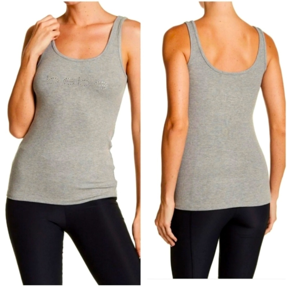 NEW bebe ribbed tank top soft-stretch gray scoopneck rhinestone logo tank top S